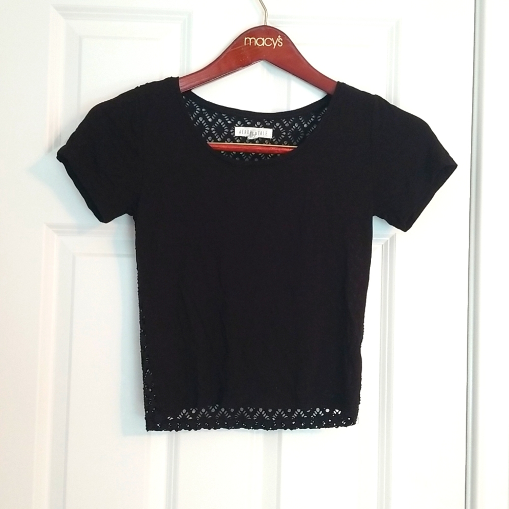 Aeropostale Crop Top Tee with Mesh Back, Black, Size M